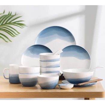 Combo chén bát đĩa màu trắng xanh